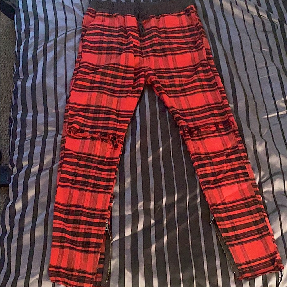 Red and black plaid pants.